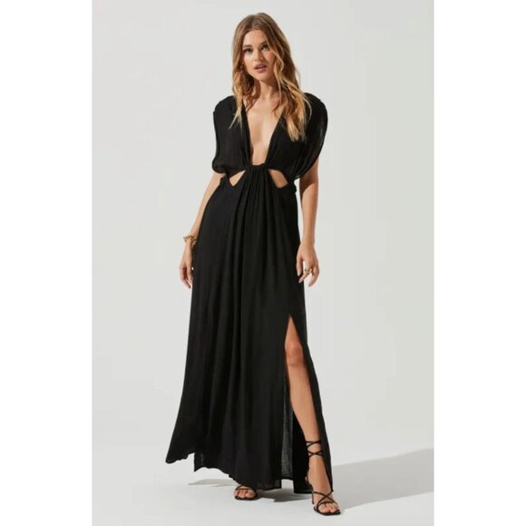 Elan Cut Out Textured Gauze Maxi Dress Cut Outs Swim Cover Up Black Medium - Picture 1 of 12